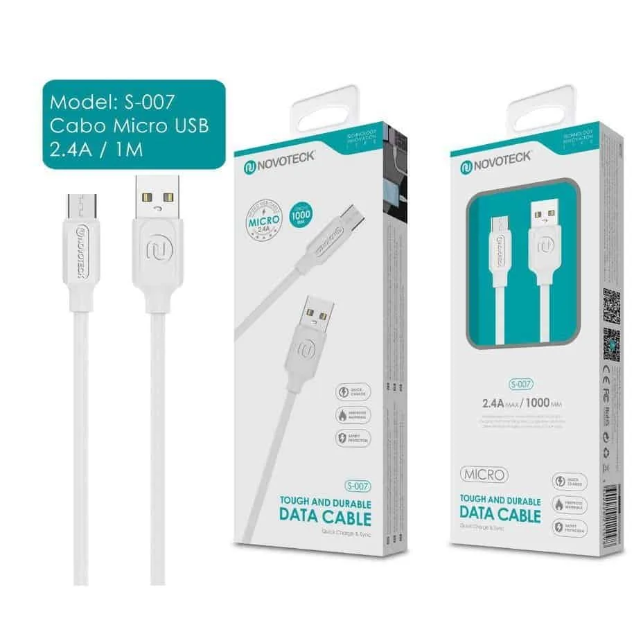Cabo Micro USB para USB (NovoTeck S-007 - 2.4A - Branco)