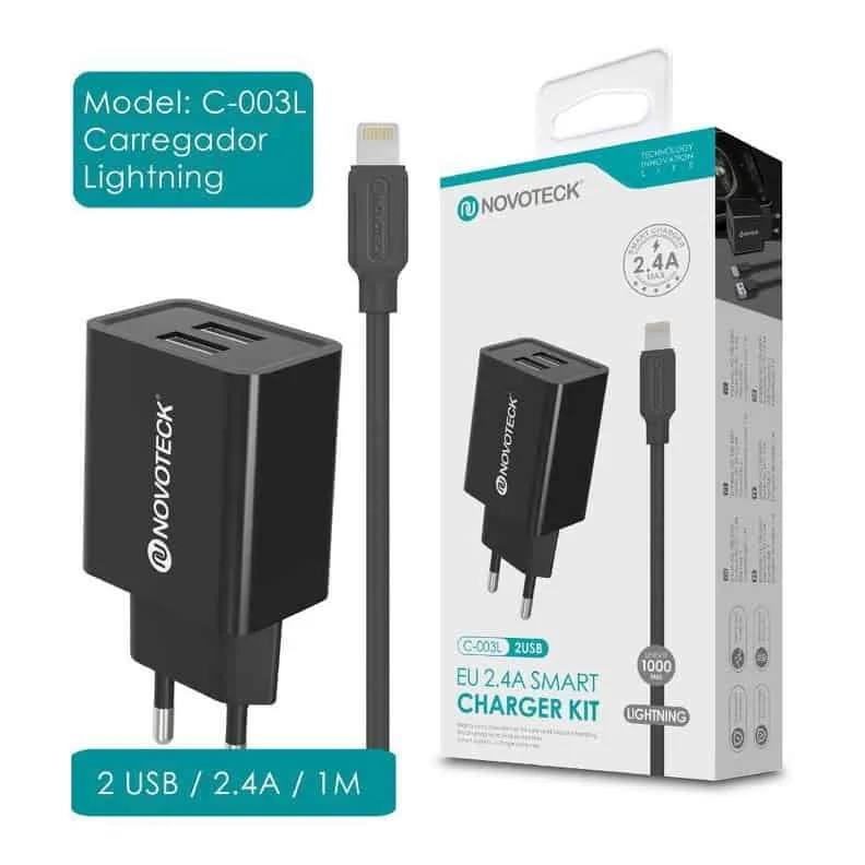Carregador Dual USB com Cabo Lightning (C-003L NovoTeck - Preto) iPhone