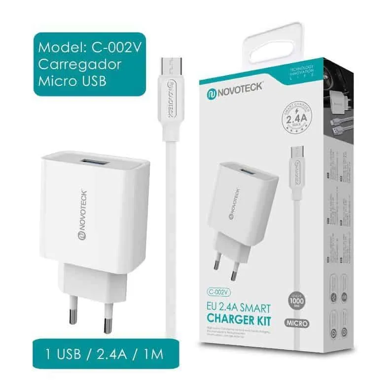 Carregador USB com Cabo Micro USB 2.4A (C-002V NovoTeck - Branco)