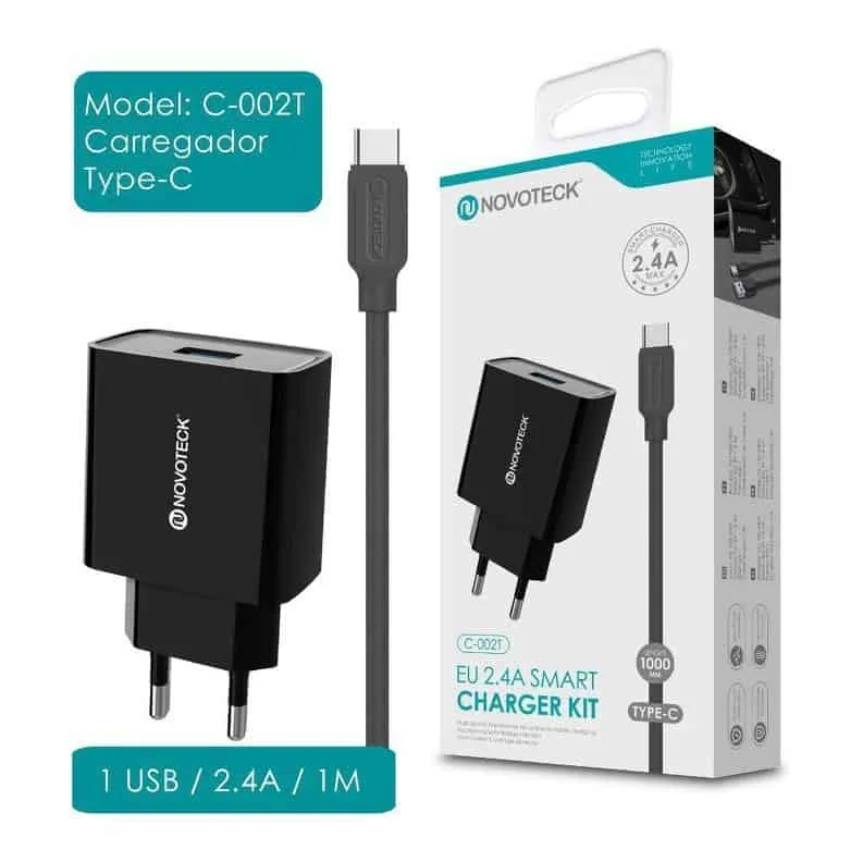 Carregador USB com Cabo Type C 2.4A (C-002T NovoTeck - Preto)