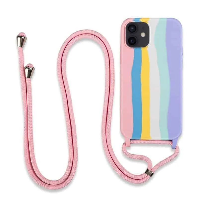 Capa iPhone 12 | 12 Pro com Cordão - Arco-íris Rosa