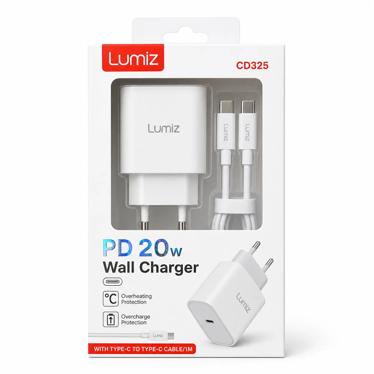 Carregador Lumiz CD325 PD 20W USB-C com Cabo Type-C 1M